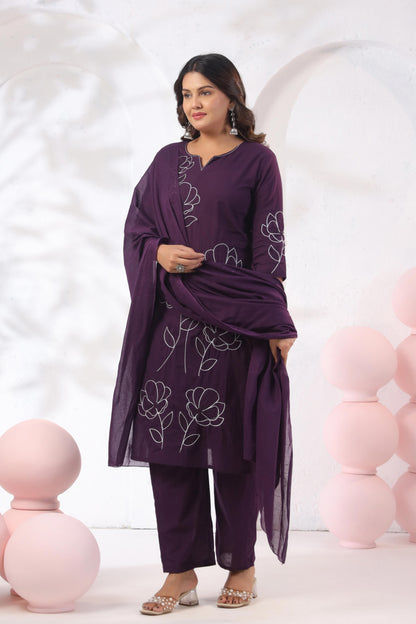 Rang Ease Plum Bloom Embroidered Cotton Kurta Set
