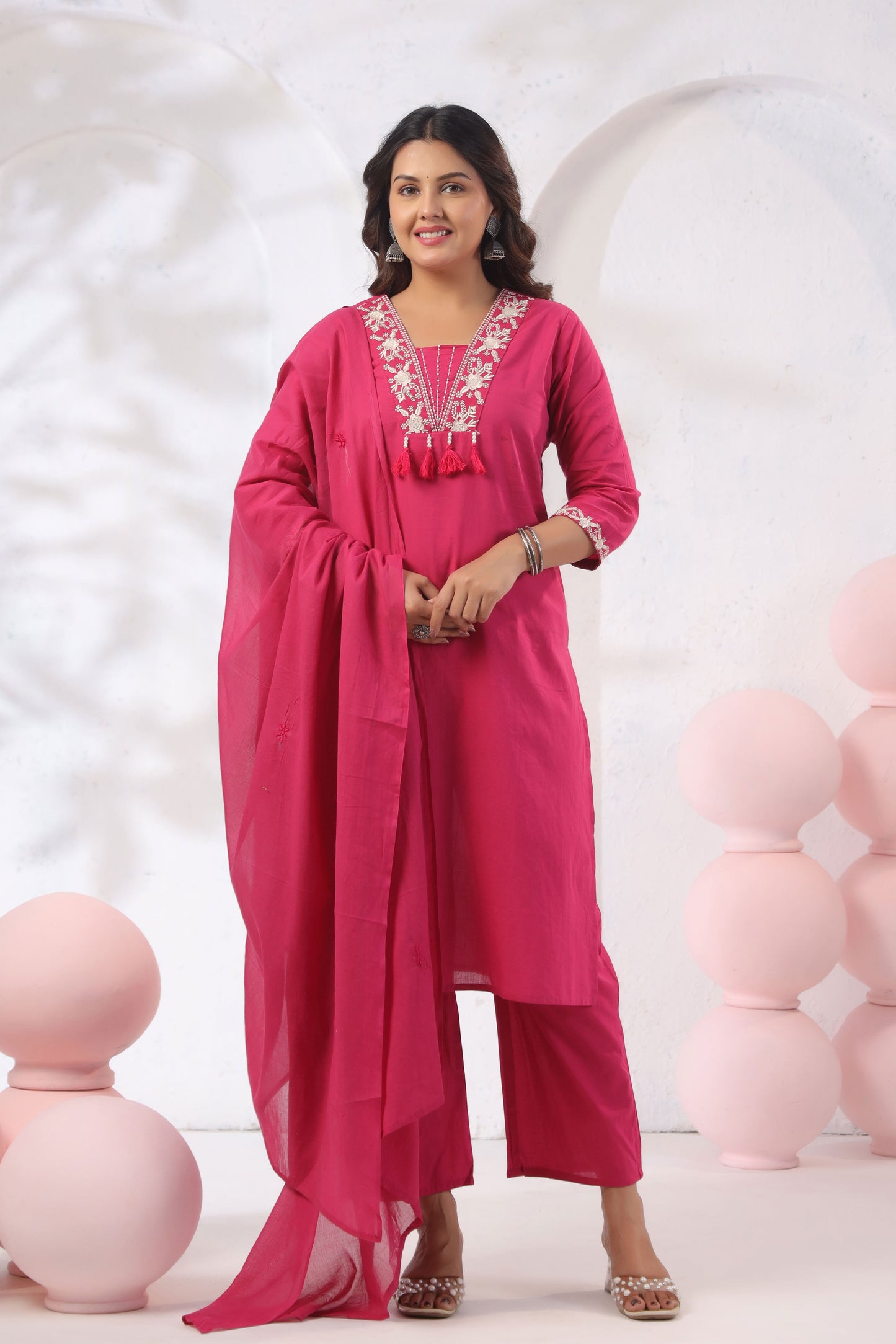 Rang Ease Rose Bloom Embroidered Cotton Kurta Set