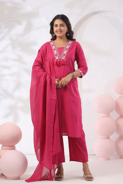 Rang Ease Rose Bloom Embroidered Cotton Kurta Set
