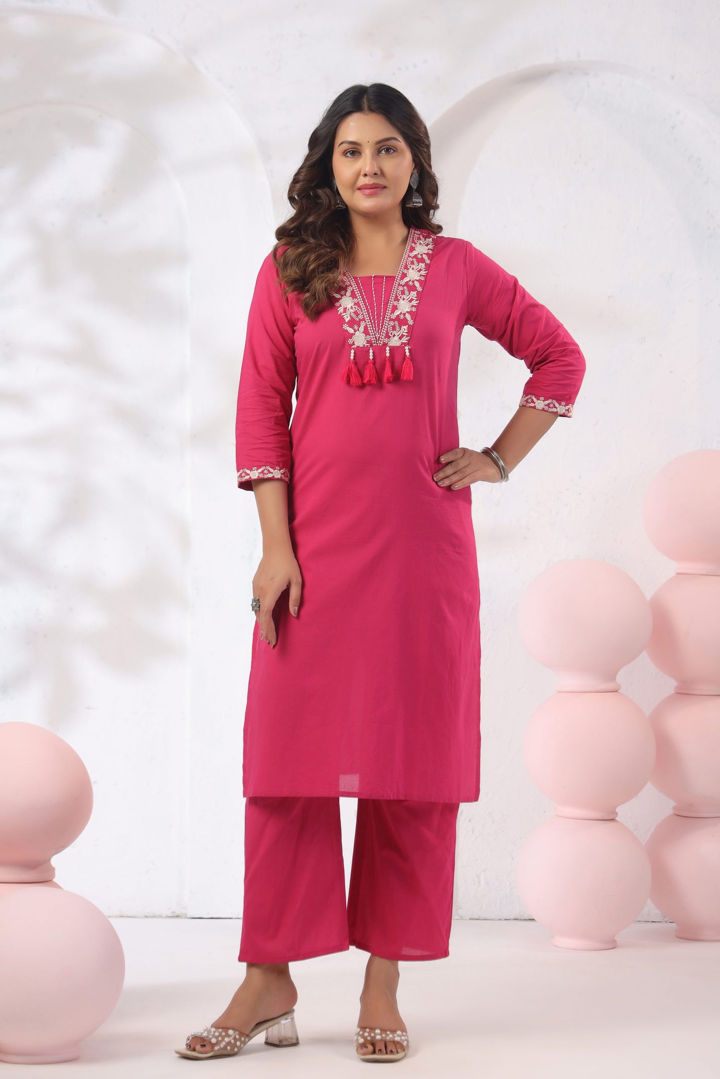 Rang Ease Rose Bloom Embroidered Cotton Kurta Set