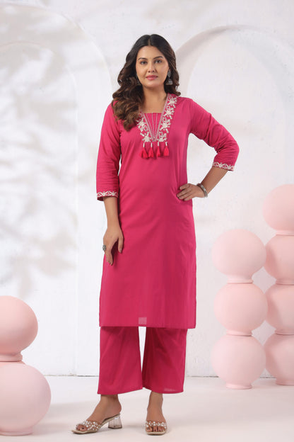 Rang Ease Rose Bloom Embroidered Cotton Kurta Set