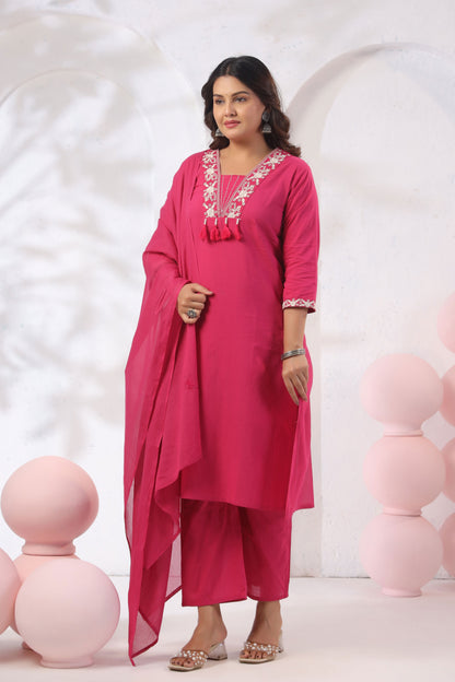 Rang Ease Rose Bloom Embroidered Cotton Kurta Set