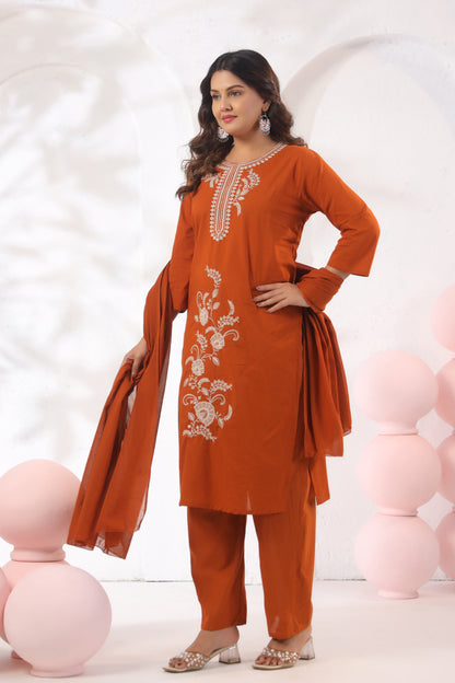 Rang Ease Rust Ember Embroidered Cotton Kurta Set