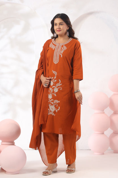 Rang Ease Rust Ember Embroidered Cotton Kurta Set