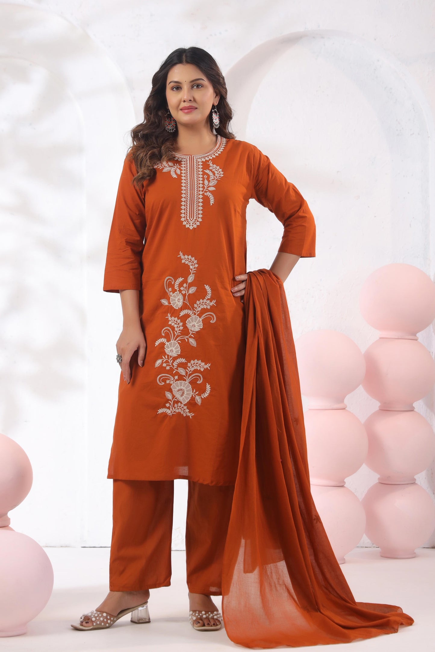 Rang Ease Rust Ember Embroidered Cotton Kurta Set