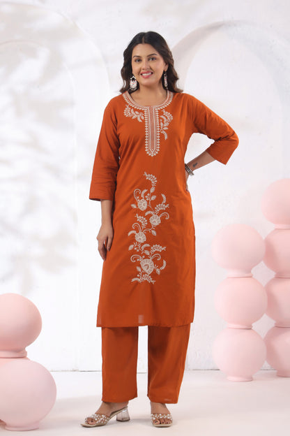 Rang Ease Rust Ember Embroidered Cotton Kurta Set