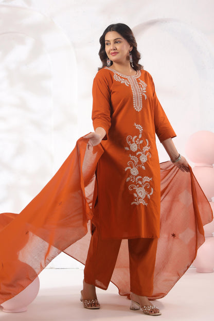 Rang Ease Rust Ember Embroidered Cotton Kurta Set