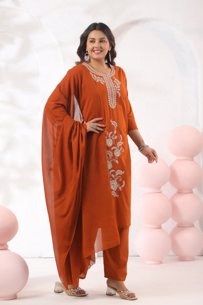 Rang Ease Rust Ember Embroidered Cotton Kurta Set