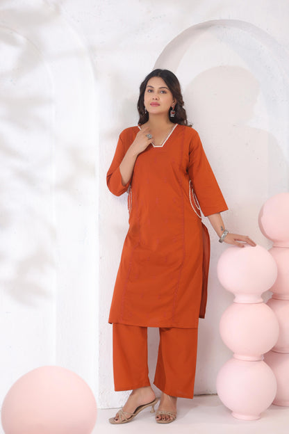 Rang Ease Sunset Rust Cotton Kurta Set