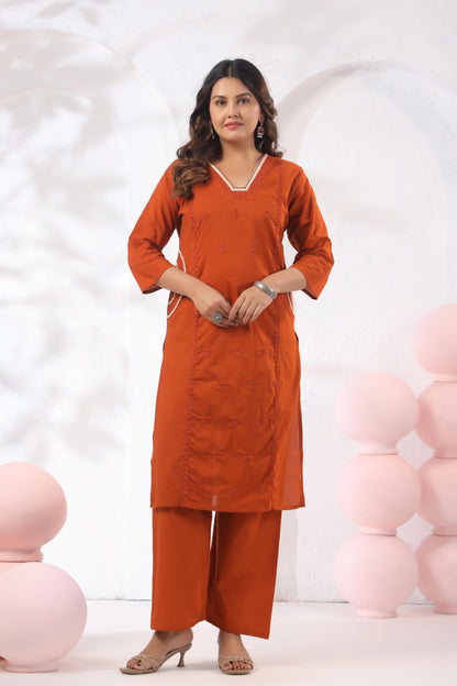 Rang Ease Sunset Rust Cotton Kurta Set
