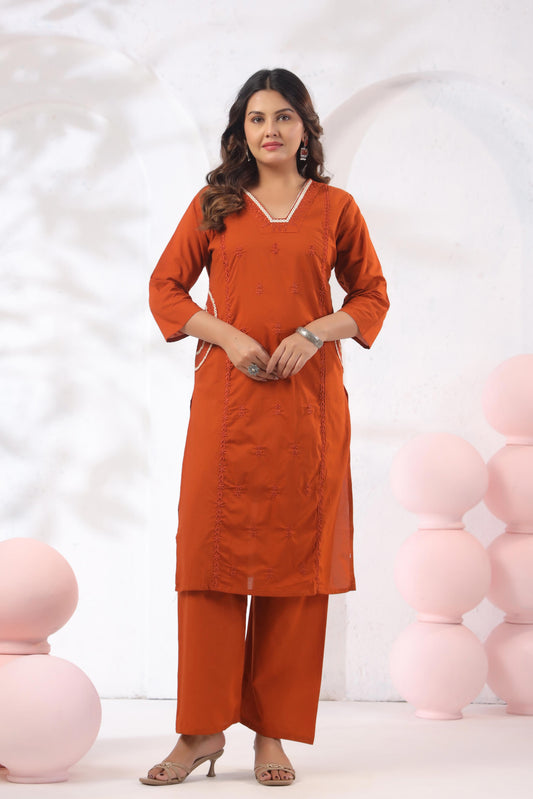 Rang Ease Sunset Rust Cotton Kurta Set
