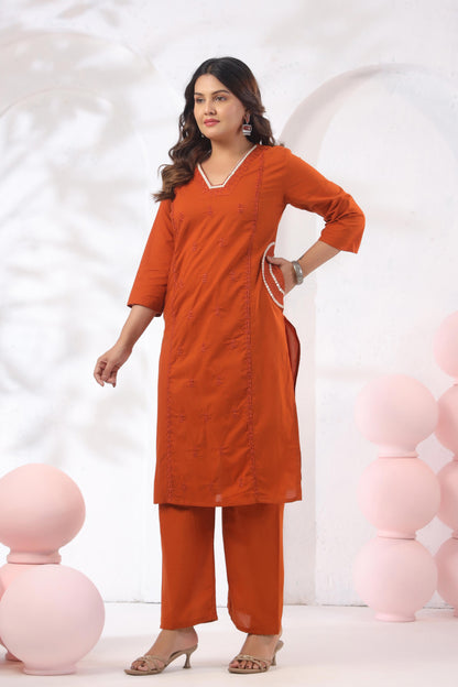 Rang Ease Sunset Rust Cotton Kurta Set