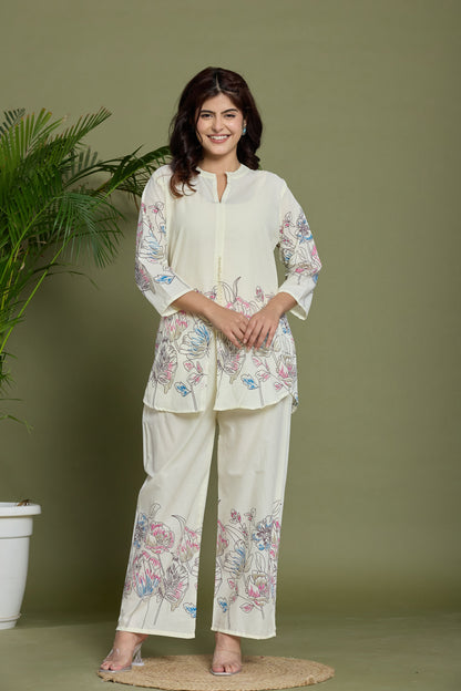 Purple Ivory Floral Printed Cotton Co-ord set