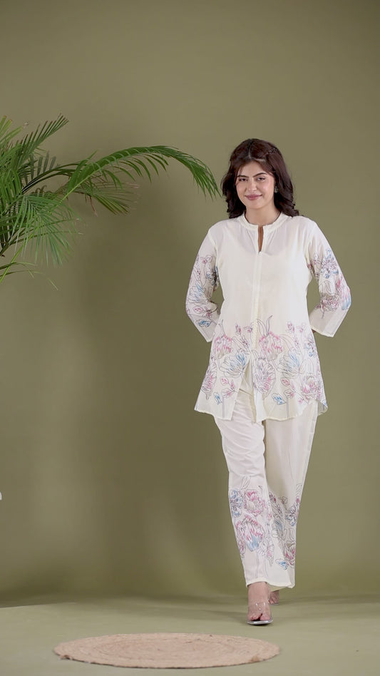 Purple Ivory Floral Printed Cotton Co-ord set