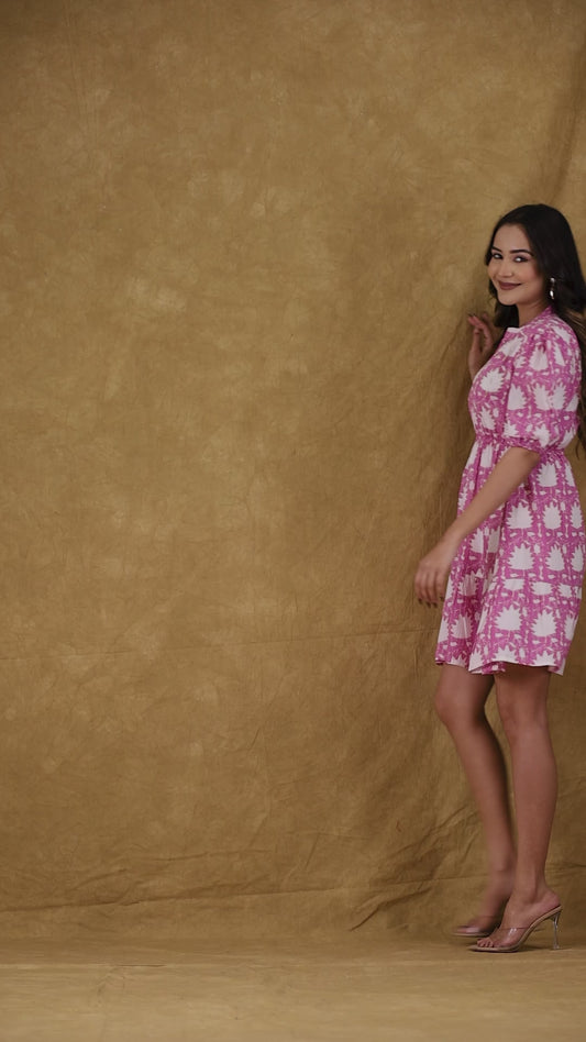 Pink and White Floral Printed Short Dress