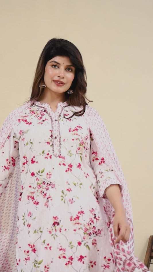 Pink Print on White floral cotton kurti set