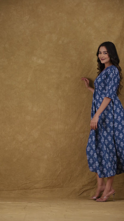 Blue Cotton Block Print Mini Dress
