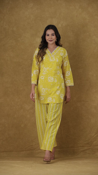 Yellow Floral Cotton Printed Short Kurti with Pant