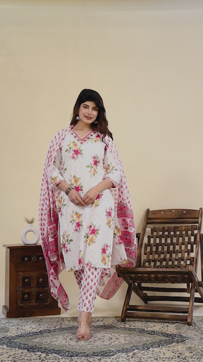 White & Pink floral print cotton kurti suit set